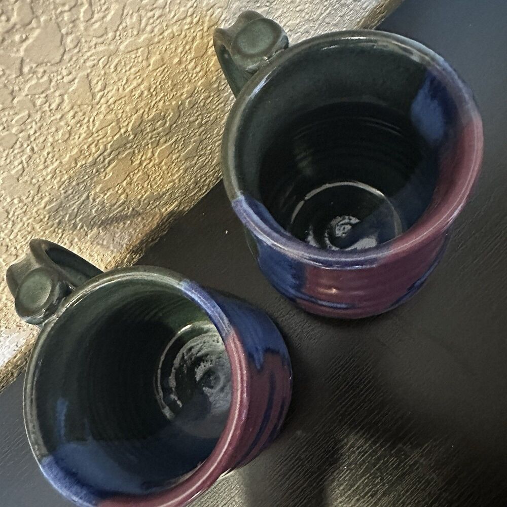 Set Of Two Artisan Handmade Pottery Mugs Red Green Blue Uneven - Picture 6 of 9